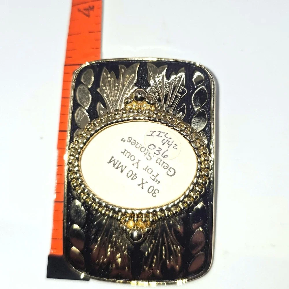 Vintage Goldt Tone Western Belt Buckle Blank Black Filigree Scrollwork‎ 30x40mm